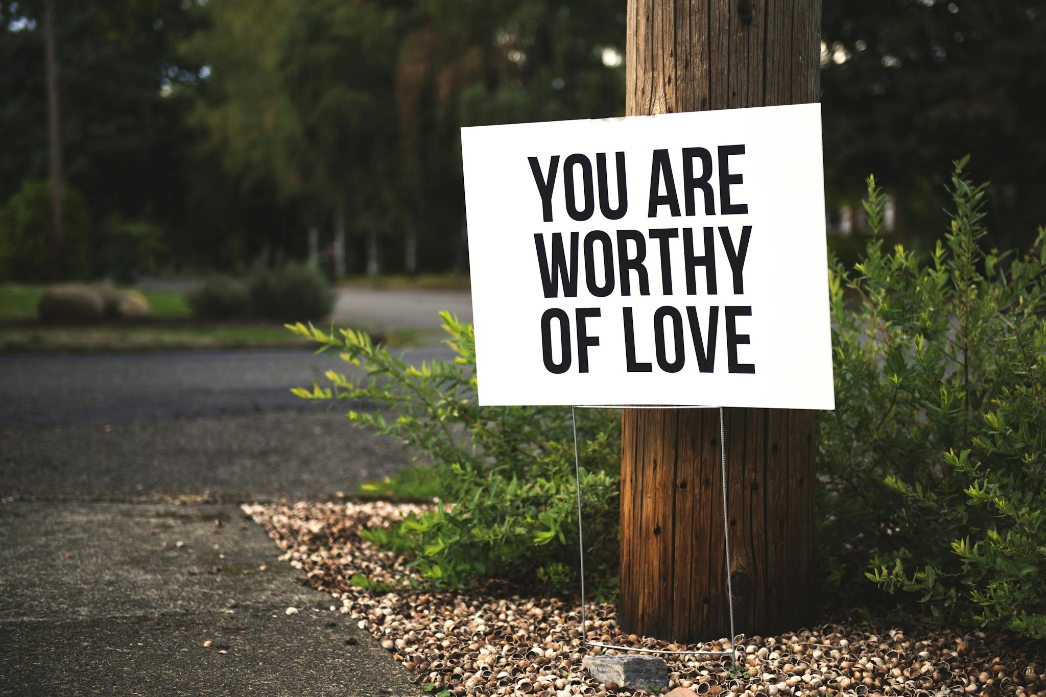 A positive message sign "You are worthy of love" in a park setting.